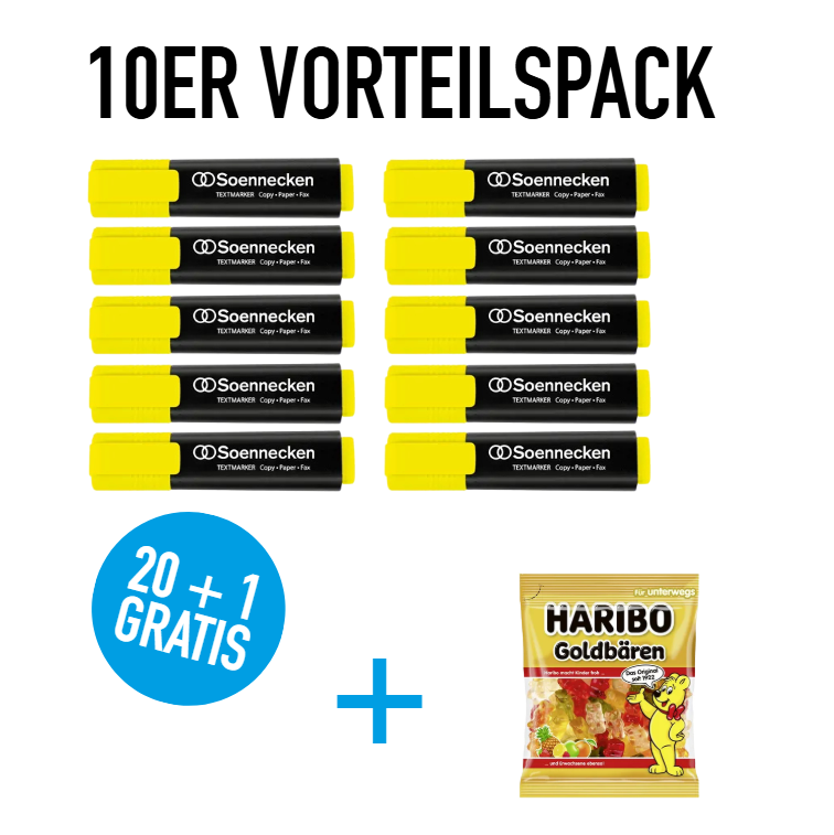 10x Soennecken Textmarker 2-5mm Keilspitze gelb + GRATIS 1x Haribo Fruchtgummi Goldbären 100 g/Pack.